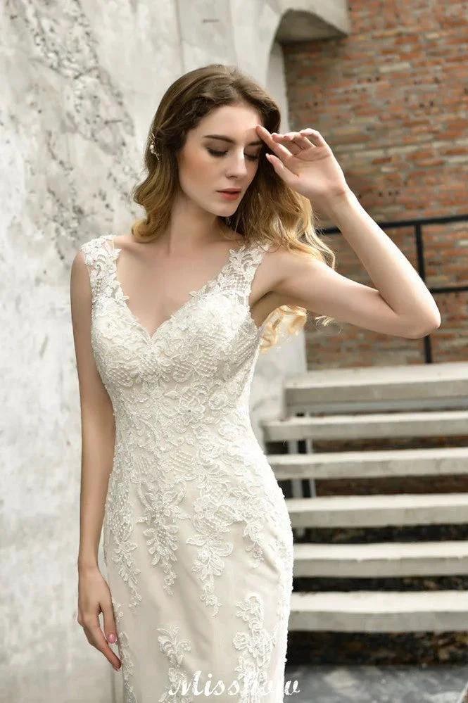 Charming V-Neck Floral Lace Mermaid Bridal Gown Sleeveless Sain Dress For Bride by misshow.com