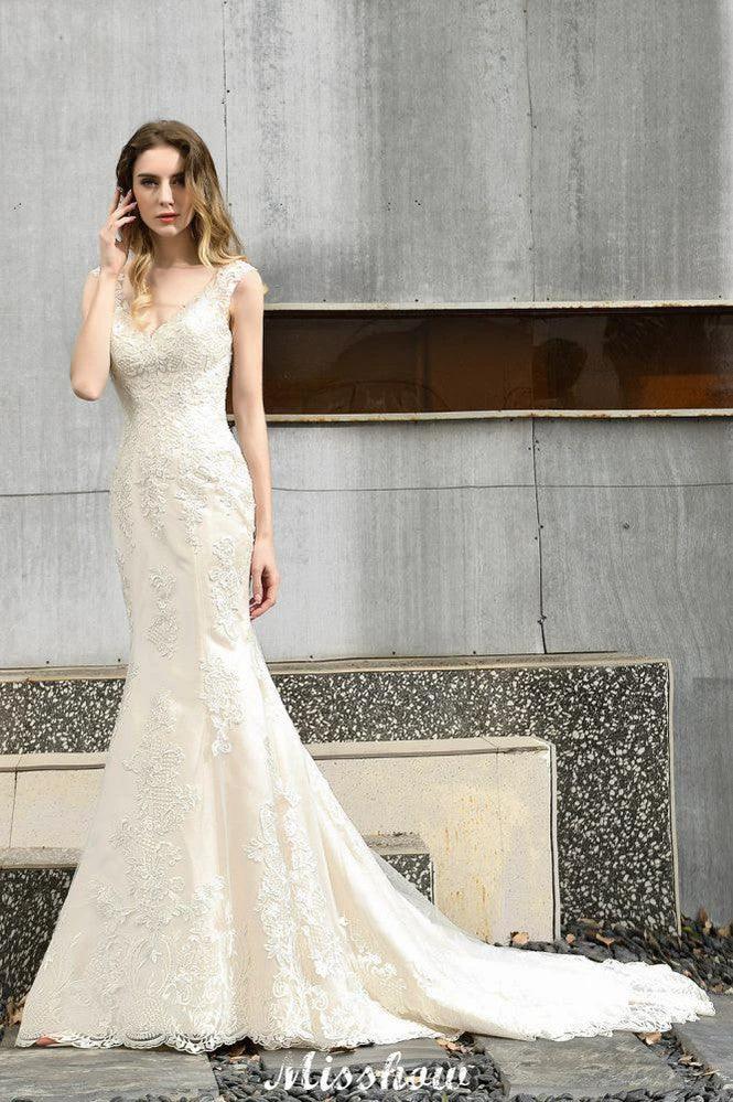 Charming V-Neck Floral Lace Mermaid Bridal Gown Sleeveless Sain Dress For Bride by misshow.com