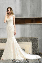 Charming V-Neck Floral Lace Mermaid Bridal Gown Sleeveless Sain Dress For Bride by misshow.com