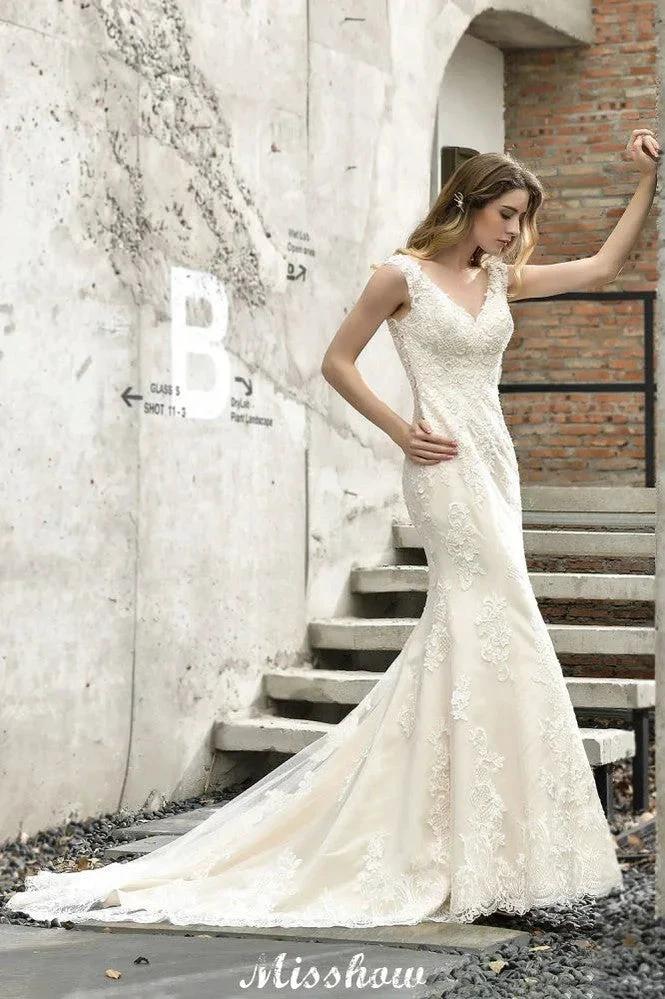 Charming V-Neck Floral Lace Mermaid Bridal Gown Sleeveless Sain Dress For Bride by misshow.com