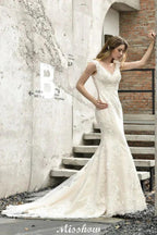 Charming V-Neck Floral Lace Mermaid Bridal Gown Sleeveless Sain Dress For Bride by misshow.com