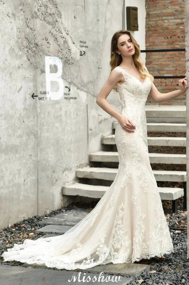 Charming V-Neck Floral Lace Mermaid Bridal Gown Sleeveless Sain Dress For Bride by misshow.com