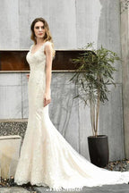 Charming V-Neck Floral Lace Mermaid Bridal Gown Sleeveless Sain Dress For Bride by misshow.com