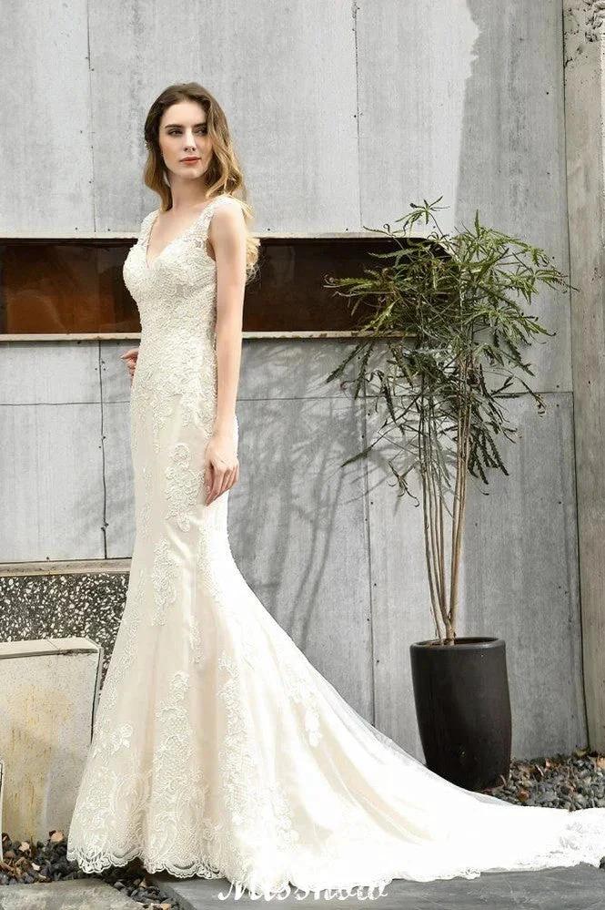 Charming V-Neck Floral Lace Mermaid Bridal Gown Sleeveless Sain Dress For Bride by misshow.com