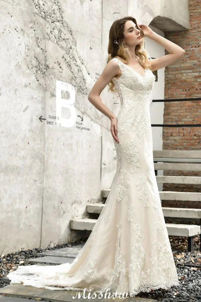 Charming V-Neck Floral Lace Mermaid Bridal Gown Sleeveless Sain Dress For Bride by misshow.com