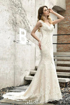 Charming V-Neck Floral Lace Mermaid Bridal Gown Sleeveless Sain Dress For Bride by misshow.com