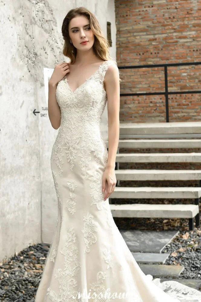Charming V-Neck Floral Lace Mermaid Bridal Gown Sleeveless Sain Dress For Bride by misshow.com
