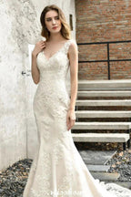 Charming V-Neck Floral Lace Mermaid Bridal Gown Sleeveless Sain Dress For Bride by misshow.com