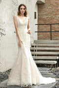 Charming V-Neck Floral Lace Mermaid Bridal Gown Sleeveless Sain Dress For Bride by misshow.com