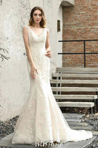 Charming V-Neck Floral Lace Mermaid Bridal Gown Sleeveless Sain Dress For Bride by misshow.com