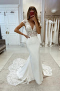Charming V-neck Lace Sleeveless Mermaid Wedding Dress With Train by misshow.com