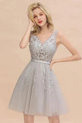 Charming V-Neck Tulle Lace Appliques Short Homecoming Dress Aline Backless Party Dress by misshow.com