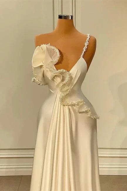 Charming White Asymmetrical Satin Prom Dress with Ruffles by misshow.com