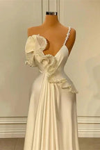 Charming White Asymmetrical Satin Prom Dress with Ruffles by misshow.com