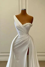 Charming White Long Mermaid One Shoulder Satin Beading Formal Prom Dresses by BIZTUNNEL