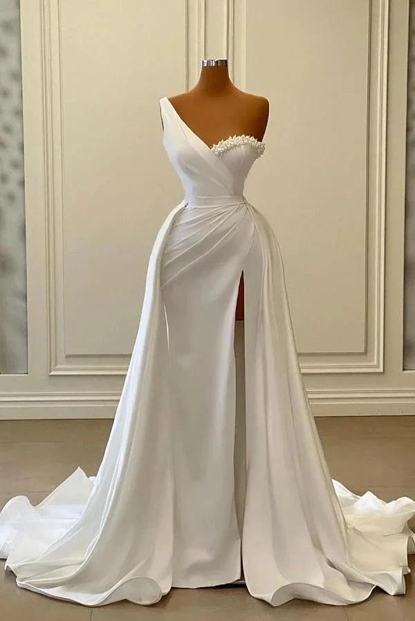 Charming White Long Mermaid One Shoulder Satin Beading Formal Prom Dresses by BIZTUNNEL