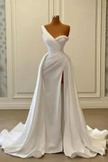 Charming White Long Mermaid One Shoulder Satin Beading Formal Prom Dresses by BIZTUNNEL
