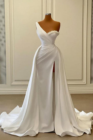 Encantadores vestidos de fiesta formales de satén con cuentas y corte sirena, blancos y largos, de un solo hombro