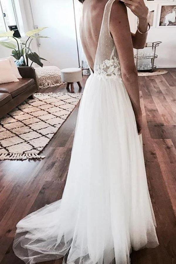 Ivory Tulle Beach Lace Applique See Through Wedding Dress WD357 by pgmdress
