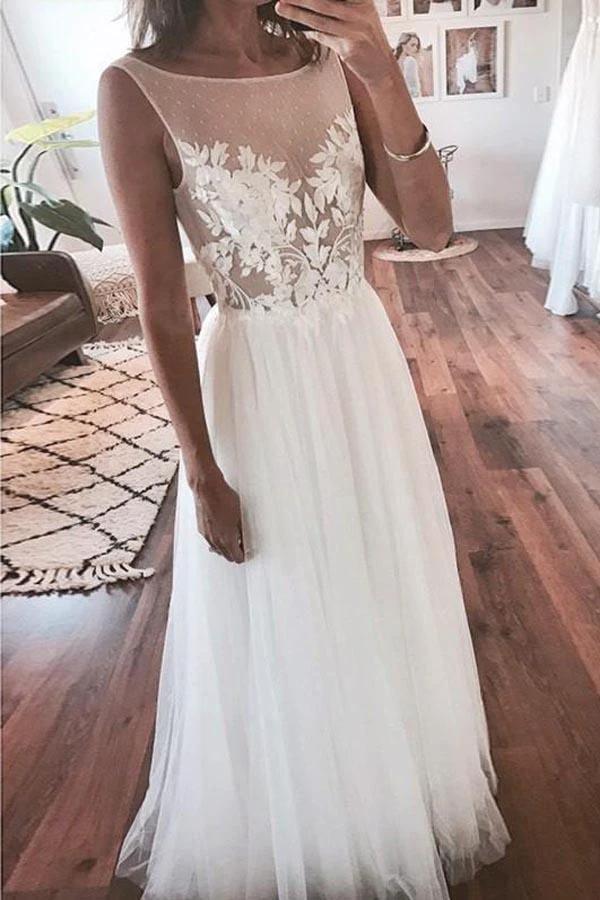 Ivory Tulle Beach Lace Applique See Through Wedding Dress WD357 by pgmdress