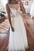 Ivory Tulle Beach Lace Applique See Through Wedding Dress WD357 by pgmdress