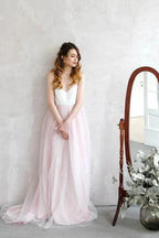 Light Pink Wedding Dresses Spaghetti Strap Tulle Beach Wedding Dress WD338 by pgmdress