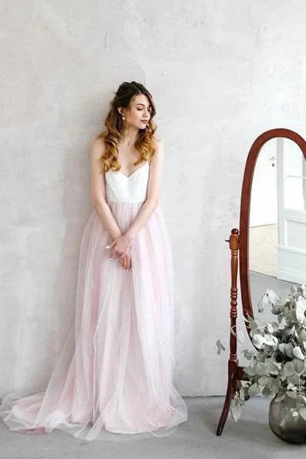 Light Pink Wedding Dresses Spaghetti Strap Tulle Beach Wedding Dress WD338 by pgmdress