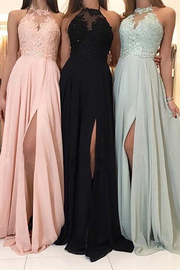 Long Bridesmaid Dresses Lace Top Chiffon Formal Dress with Slit BD066 by pgmdress