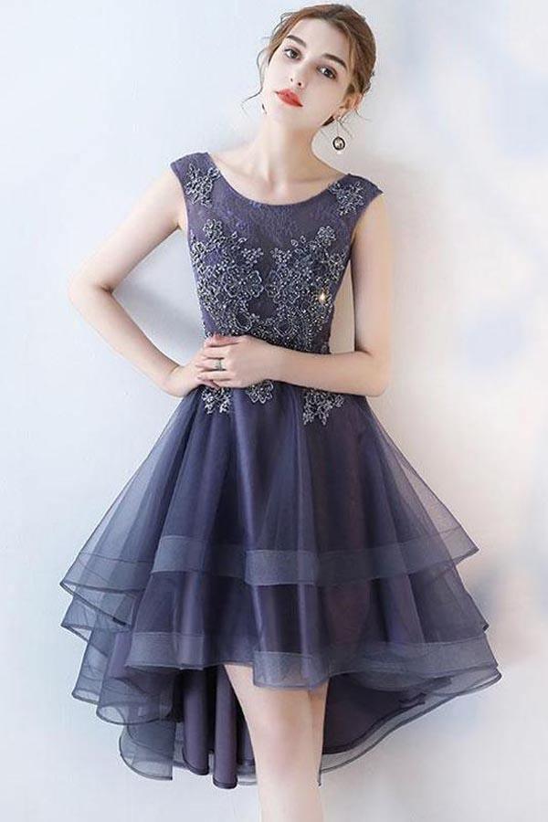 Ruffle Scoop Navy Lace Cute Homecoming/Party Dresses PD108 Hover Image