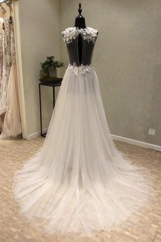 V-Neck Open Back Tulle Ivory Beach Wedding Dress WD197 by pgmdress