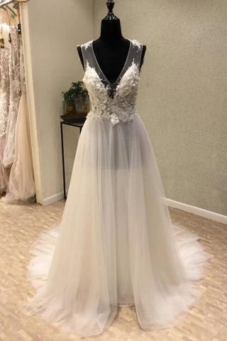 V-Neck Open Back Tulle Ivory Beach Wedding Dress WD197 by pgmdress
