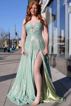 Cherish | A-Line Strapless Pleated High Slit Sleeveless Metallic Long Prom Dress by KissProm