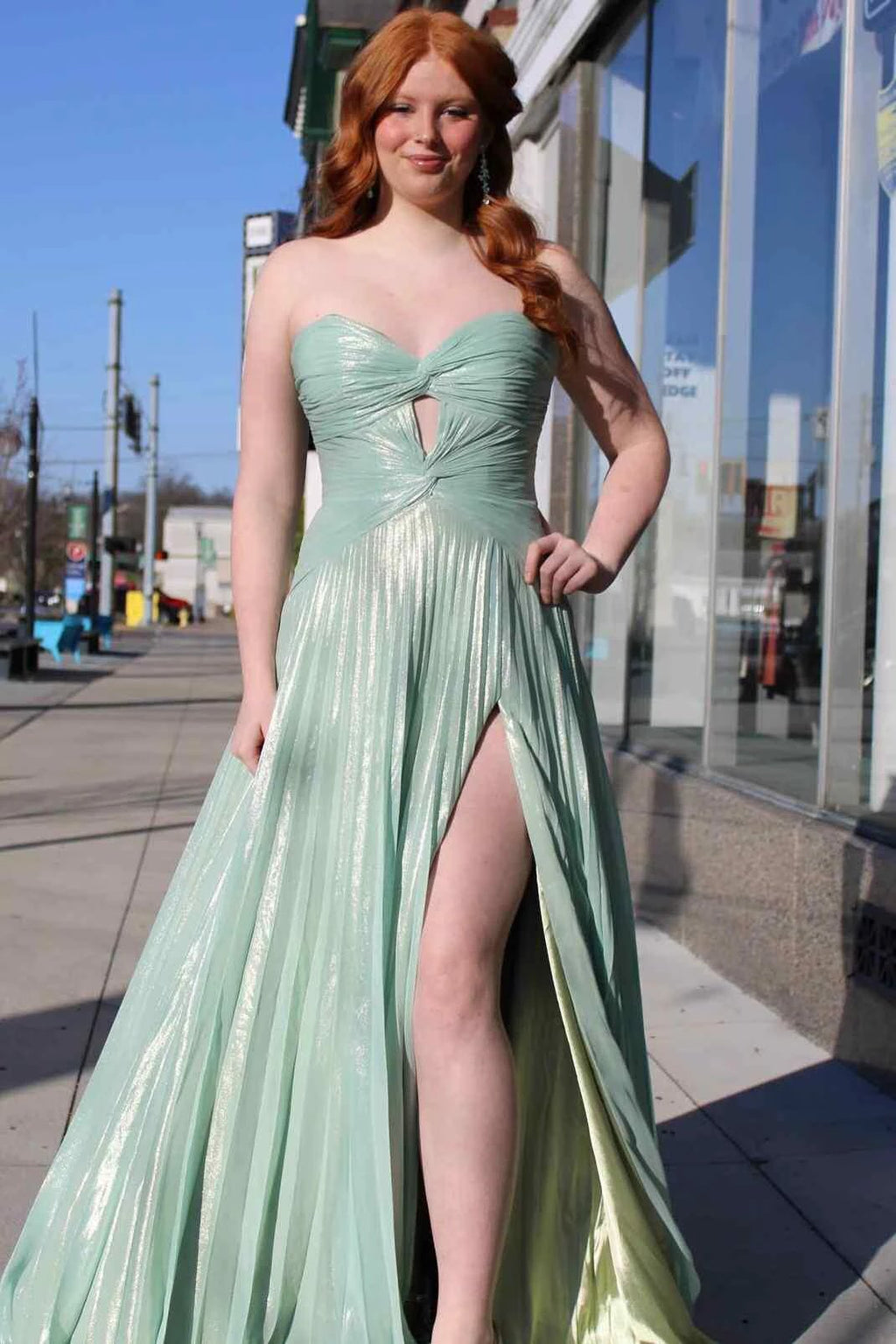 Cherish | A-Line Strapless Pleated High Slit Sleeveless Metallic Long Prom Dress by KissProm