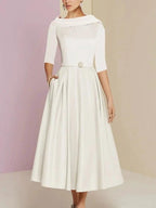 A-Line/Princess Jewel Neck Half Sleeve Tea Length Mother of the Bride Dresses with Pockets Pleats by Dreamylily