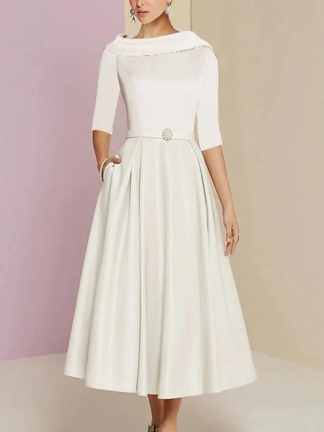 A-Line/Princess Jewel Neck Half Sleeve Tea Length Mother of the Bride Dresses with Pockets Pleats by Dreamylily