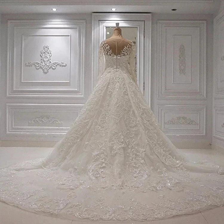 Chic Ivory Long A-line Jewel Tulle Appliques Lace Wedding Dresses by Biztunnel