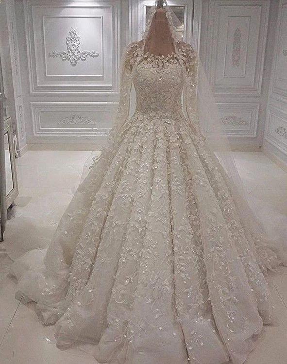 Chic Ivory Long A-line Jewel Tulle Appliques Lace Wedding Dresses by Biztunnel