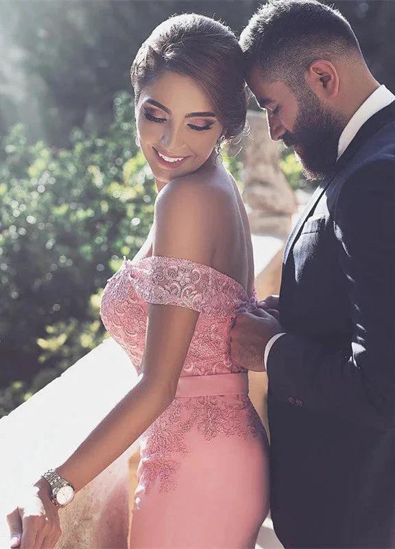 Chic A-Line Off-the-Shoulder Lace Long Prom Dresses by BIZTUNNEL