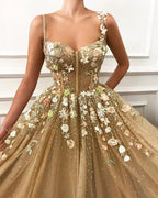 Chic A-line Spaghetti Straps Appliques Lace Long Prom Dress by BIZTUNNEL