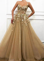 Chic A-line Spaghetti Straps Appliques Lace Long Prom Dress by BIZTUNNEL
