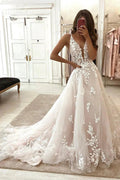 Chic A-line Straps V-neck Sleeveless Appliques Wedding Dress With Lace by misshow.com