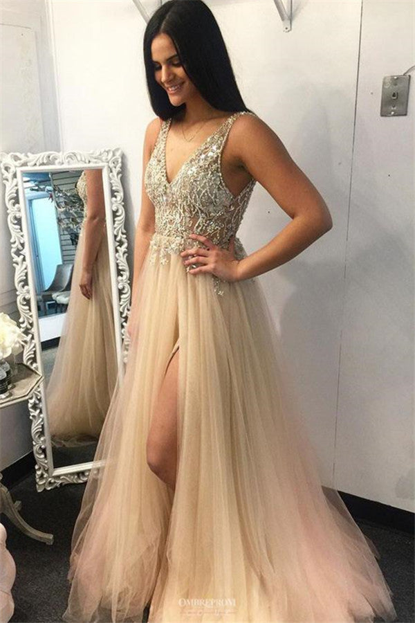 Chic A-line V-neck Appliques Beading Backless Long Prom Dress with Slit Main Image