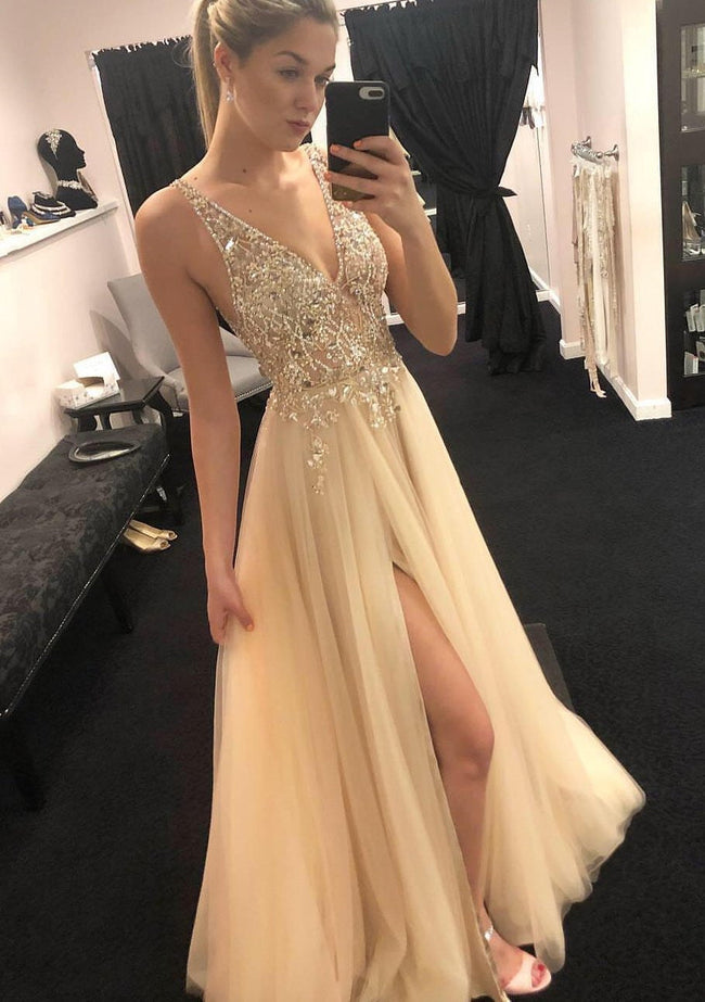 Chic A-line V-neck Appliques Beading Backless Long Prom Dress with Slit Hover Image