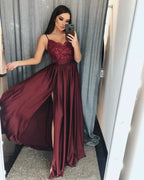 Chic A-Line V-neck Chiffon Lace Long Prom Dress With Slit by BIZTUNNEL