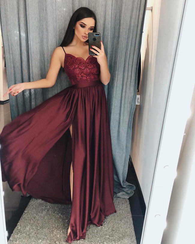 Chic A-Line V-neck Chiffon Lace Long Prom Dress With Slit Hover Image