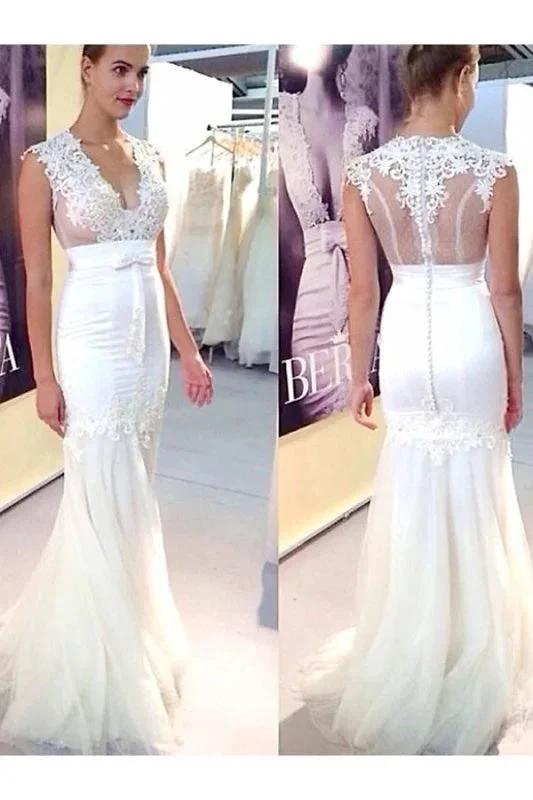 Chic Applique Tulle V-neck Sleeveless Mermaid Elegant Wedding Dresses by misshow.com