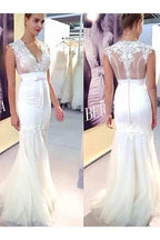 Chic Applique Tulle V-neck Sleeveless Mermaid Elegant Wedding Dresses by misshow.com