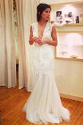 Chic Applique Tulle V-neck Sleeveless Mermaid Elegant Wedding Dresses by misshow.com