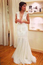 Chic Applique Tulle V-neck Sleeveless Mermaid Elegant Wedding Dresses by misshow.com