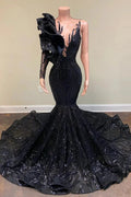 Chic Black Long Sleeve Asymmetrical Floor Length Mermaid Prom Dress by misshow.com